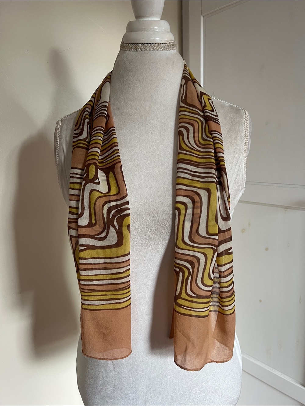 Vintage 1970s Psychedelic Swirl Scarf Earth Tone Brown Yellow Rayon Japan
